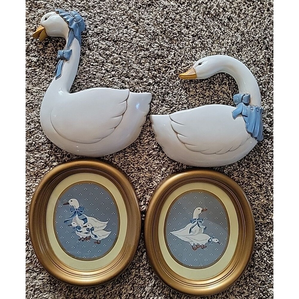 Vtg Homco Country Duck Wall Art Set of 4 Gold Oval Frames & Cottagecore Goose